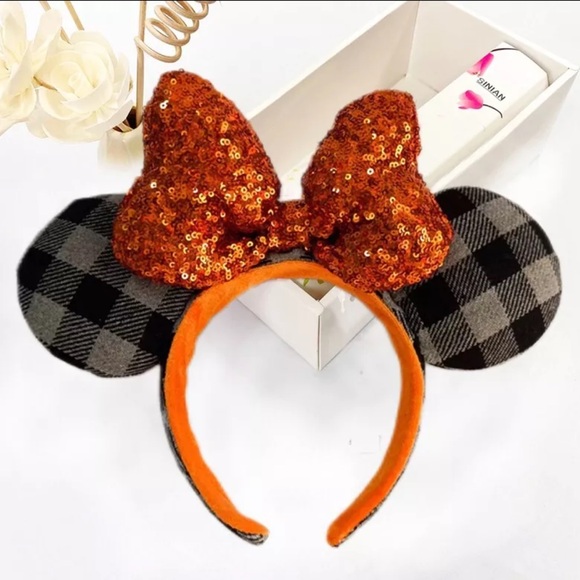 🎃NWT Disney Parks Halloween Pumpkin Bow Mickey Minnie Mouse Ears Headband 2022 - Picture 1 of 3